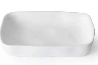 White resin soap dish by Kassatex. Dimensions: 5.12"L x 3.66"W x 0.94"H