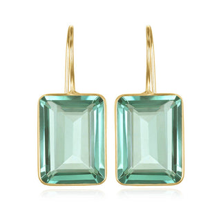Jewelry by Amelia Rose.Sage green quartz stone is bezel set on French hook ear wires. 14k gold plated, 1.25" total drop and 5/8" in width.