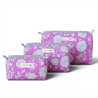 Set of 3 cotton printed quilted cosmetic pouches by Amelia Rose. small is 5" W x 3.5" H, medium is 7.5" W x 4" H and large is 9" H x 5" W) 