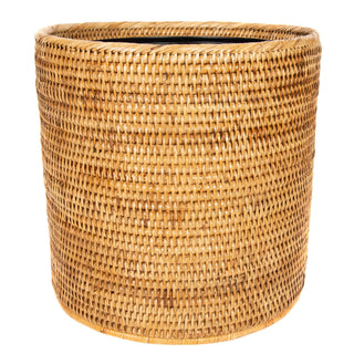 Artifacts Rattan Round Waste Basket with Metal Liner: White Wash