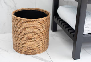 Artifacts Rattan Round Waste Basket with Metal Liner: White Wash