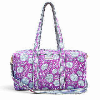 Quilted printed duffel bag by Amelia Rose 100% cotton -20" W x 10" D x 10" H -2 exterior slip pockets -zip closure