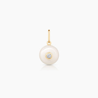 14k gold plated, hand carved mother of pearl, cubic zirconia. Charm dimensions:7mm x 4mm