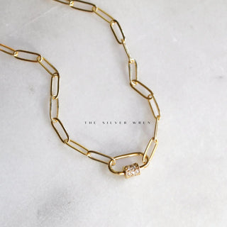 Gold plated carabiner charm holder with cz on the carabiner. 18” length 