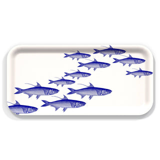 A white rectangular serving tray with rounded corners, decorated with a pattern of blue fish swimming diagonally across the surface.