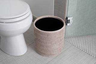 Artifacts Rattan Round Waste Basket with Metal Liner: White Wash