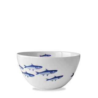 In signature blue and white our school of fish swim by Caskata along to start your morning with a smile while its durable premium porcelain means it will stand up to everyday use. This cereal bowl with its tall, slanted silhouette is perfect for everything from breakfast to dessert. • Dimensions: 5.5" D, 3" H • Dishwasher, Microwave Safe