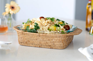 Artifacts rattan square Baker Basket with Pyrex Glass dish.