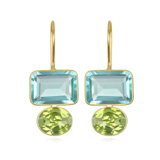 Cheerful pops of color in an eye-catching design by Amelia Rose. A stunning combination of emerald cut aqua quartz with brilliantly faceted oval cut lime green quartz.
Hand crafted with bezel set stones and French ear wires, 14k gold plated 1.5" total drop and 5/8" in width.
