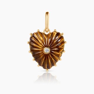 Thatch 14k gold plated carved tigers eye with cubic zirconia heart pendant on hinge clip.
Measures approximately: 32mm x 30mm x 8.5mharm with cz center stone