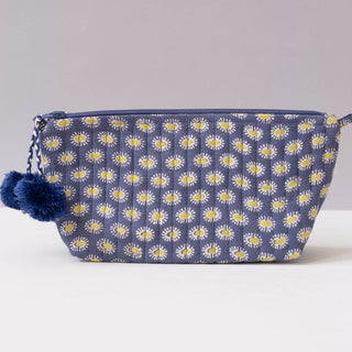 Graymarket Design daisy print cotton makeup bag with a zipper with pom poms 