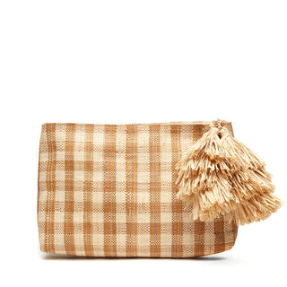 Hazel Clutch in sand by Mar Y Sol. Gingham pattern. 100% crocheted raffia  with a cotton lining. Zip closure with raffia tassel  12” x 8” x 2”- Approximate dimensions, each piece is handmade.