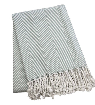 370 - Nantucket Herringbone Throw: Sand/White / Hand Knotted Fringe