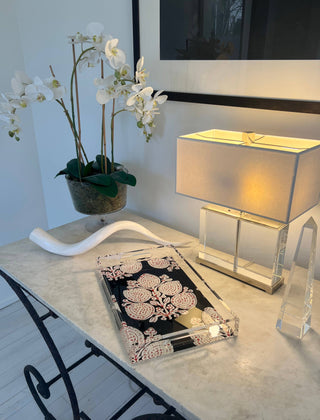 Acrylic tray with block print fabric inset on bottom of tray. Perfect decorative tray for any table.