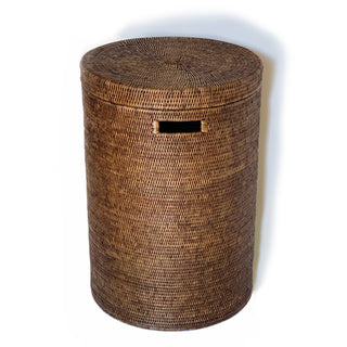 Matahari dark brown round woven laundry hamper  Size 18” x 26”.