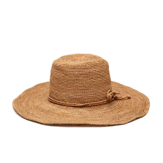 Grace sun hat in sand by Mar Y Sol. 100% crocheted raffia * Interior cotton sweatband  with a raffia cord trim and a 4.5” brim x 5” crown x 17” diameter - Approximate dimensions, each piece is handmade * One size fits most