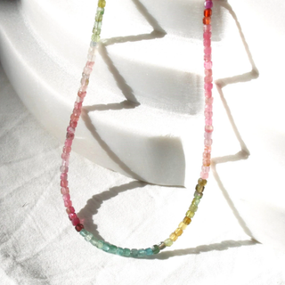 The Silver Wren natural 3mm square watermelon tourmaline necklace beaded by hand.
 •Adorned with 14kt gold filled accents Water friendly 
Length is 16 inch plus a 2 inch extender
