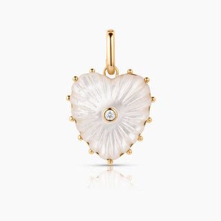  Thatch heart charm in luminous mother of pearl hand-carved stone, cubic zirconia, 14k gold plated with hinge clip. 
 Measures approximately: 32 mm x 30 mm x 8.5 mm 