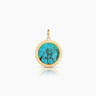 Thatch 14k gold plated hand carved turquoise circle shape charm. Dimensions: 27mm x18mm