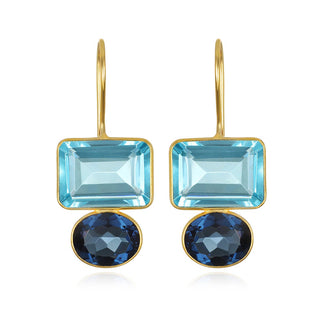 Cheerful pops of color in an eye-catching design!  A stunning combination of emerald cut sky blue quartz with brilliantly faceted oval cut royal blue quartz by Amelia Rose.  Hand crafted with bezel set stones and French ear wires, 14k gold plated 1.5" total drop and 5/8" in width.