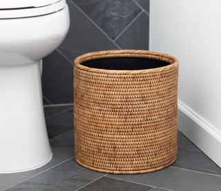 Artifacts Rattan Round Waste Basket with Metal Liner: White Wash