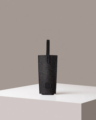 Graf Lantz wine carrier in dark grey merino wool felt with black leather handle and label