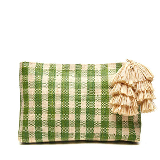 Gingham check raffia clutch with tassels and a cotton lining. 12”x8”x2”