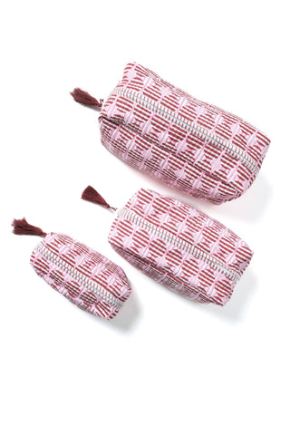 Inner Child Striped Circles Blockprint Makeup Bag in Burgundy and Pink: Medium