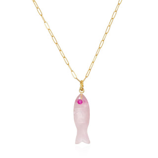Bright and colorful natural stone hand-carved fish charm by Amelia Rose on 14k gold filled paperclip chain. Natural rose quartz set with cz and finished in 14k gold plated sterling silver. Adjusts from 16-18."
