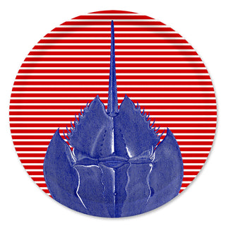 Striped platter with a horseshoe crab print by Caskata. Dimensions: 15.7" D • Made in Finland • FSC-Certified Birchwood and BPA-free Melamine • Suitable for indoor or outdoor use • Hand-wash Recommended