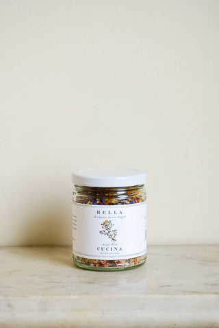 Wildflower Sweet Sugar is made with organic cane sugar and a colorful blend of edible whole wildflower and tea leaves for an aromatic and deliciously sweet topping that will enhance baked goods, teas, cocktails and mocktails by Bella Cucina.