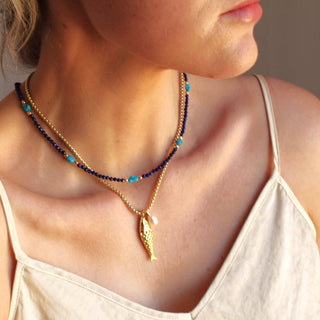 Natural lapis necklace with turquoise  stones mixed throughout.  