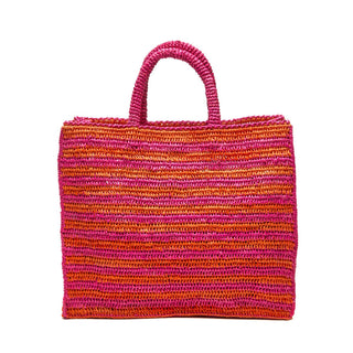 Callie Top by Mar Y Sol in pink mango. 100% crocheted raffia. Unlined, inside pocket with a snap closure * 14“W x 5“D x 13“H; 5“ Strap Drop - Approximate dimensions, each piece is handmade