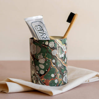 Swirling marbled desigh cup by Roomytown,use it to hold pens and pencils, makeup brushes, kitchen utensils, or even a small bunch of fresh blooms.  H 4" x 3.3" diameter