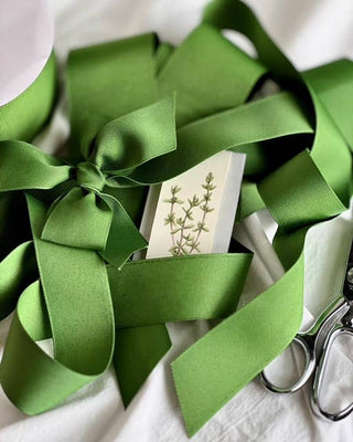 Green ribbons tied around a small box with a plant design on a white background