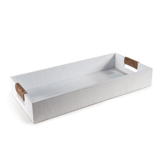 White tray with raffia wrapped handles