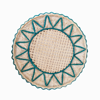 Coro Cora iraca round placemats in natural with turquoise.