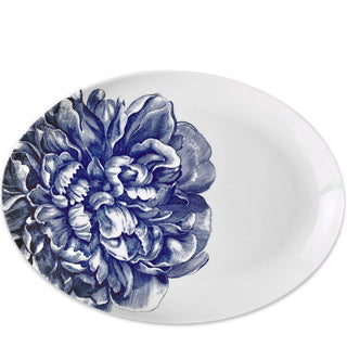 White porcelain oval platter with large peony print on the inside