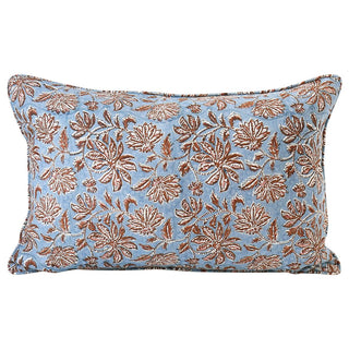 Walter G. Uluwatu Winter Bloom Linen Throw Pillow Self welted blue linen pillow with Tobacco and off white floral pattern 35x55
