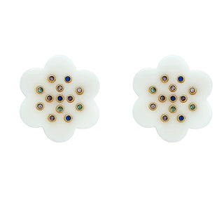 4k gold dipped Camellia stud earring in mother of pearl & multi color blue/purple CZs